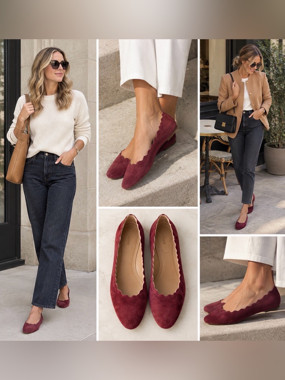 Chloé Lauren Burgundy Suede Scalloped Ballet Flats Designer Shoes